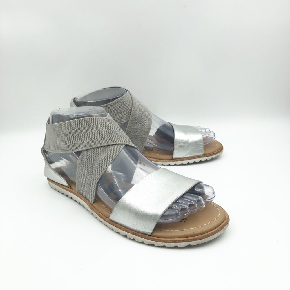 SOREL Ella II Sandals Silver Gray Leather Flat Womens 6 Summer Casual Metallic
